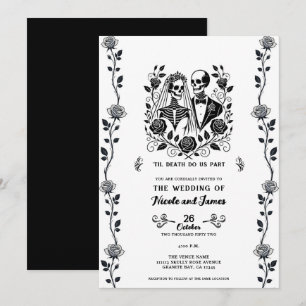 Black White Skeleton Floral Rose Vine Wedding  Invitation