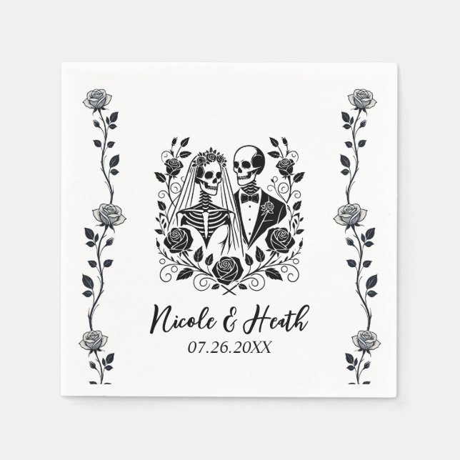 Black White Skeleton Floral Rose Vine Wedding  Napkin (Front)