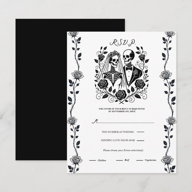 Black White Skeleton Floral Rose Vine Wedding RSVP Invitation (Front/Back)