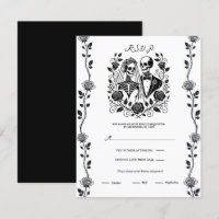 Black White Skeleton Floral Rose Vine Wedding RSVP
