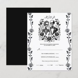 Black White Skeleton Floral Rose Vine Wedding RSVP Invitation