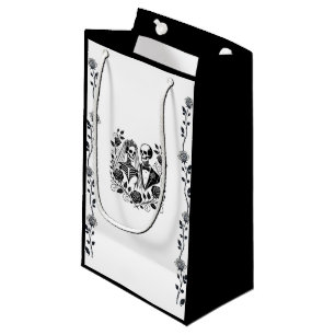 Black White Skeleton Floral Rose Vine Wedding  Small Gift Bag
