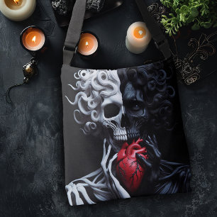 Black & White Skeleton holding a Red Heart Crossbody Bag