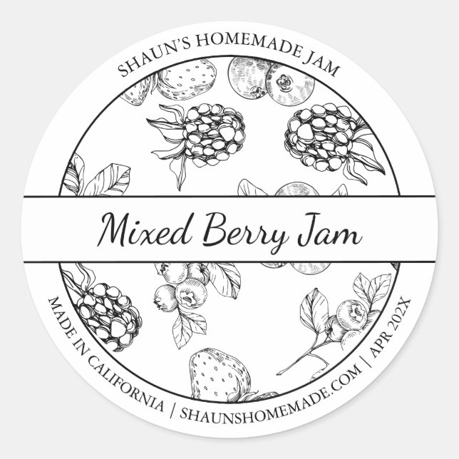 Black & White Sketch Mixed Berry Jam label (Front)