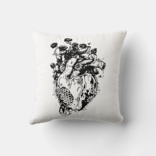 Black & White Sketch Outline Human Heart & Flowers Cushion
