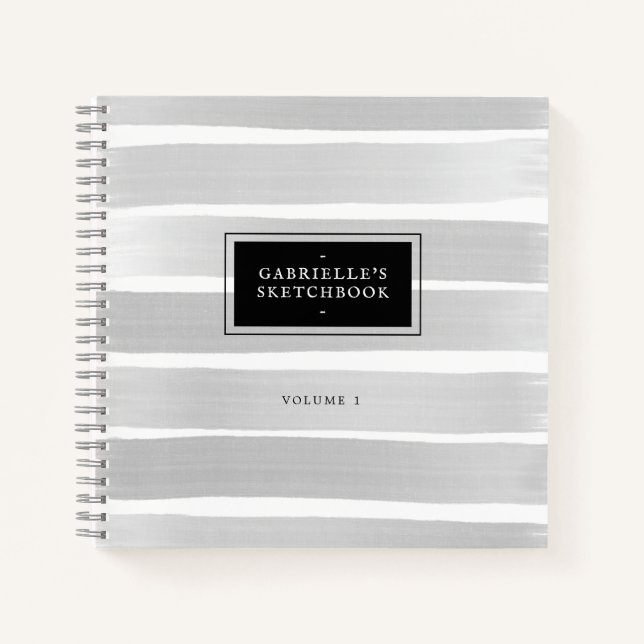 Black White Sketchbook Grey Stripes with Your Name Notebook (Front)