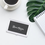 Black & White Sketched Cursive Script Business Card Holder<br><div class="desc">Elegant business card case features your name,  title,  or choice of personalisation in white hand scripted cursive lettering on an ash black background.</div>