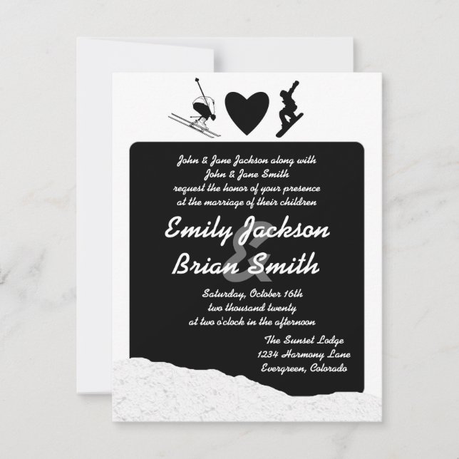 Black white ski snowboarder custom wedding invites (Front)