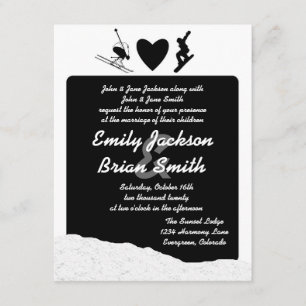 Black white ski snowboarder custom wedding invites