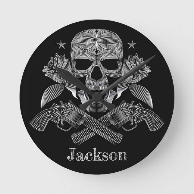 Black & White Skull and Guns Round Clock (Front)
