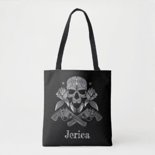 Black & White Skull and Guns Tote Bag