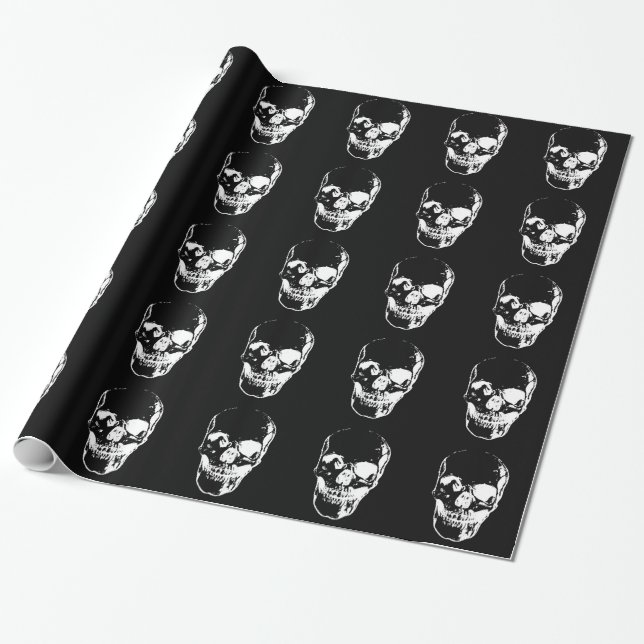 Black & White Skull Christmas Wrapping Paper (Unrolled)