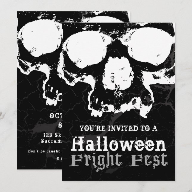 Black & White Skull Grungy Halloween Fright Party Invitation (Front/Back)