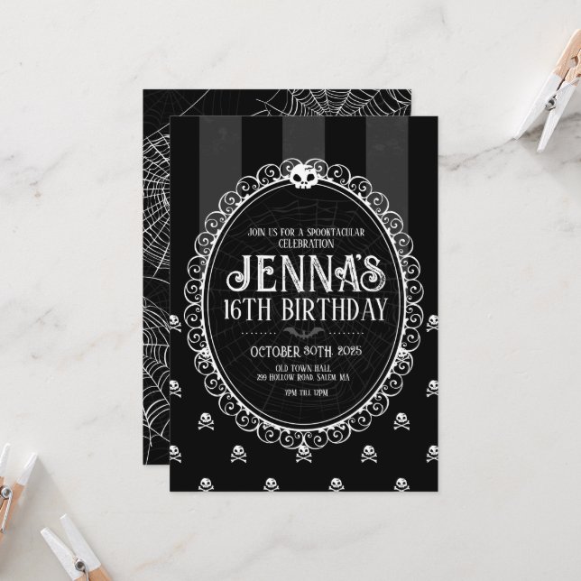 Black & White Skull Stripe Birthday Invitation (Front/Back In Situ)