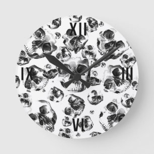 Black & White Skulls Skeleton Skull Art Pattern Round Clock