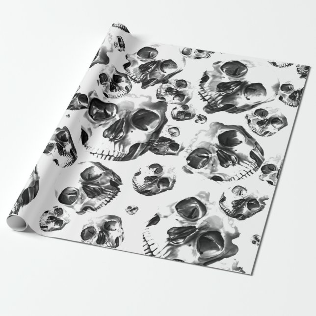 Black & White Skulls Skeleton Skull Art Pattern Wrapping Paper (Unrolled)