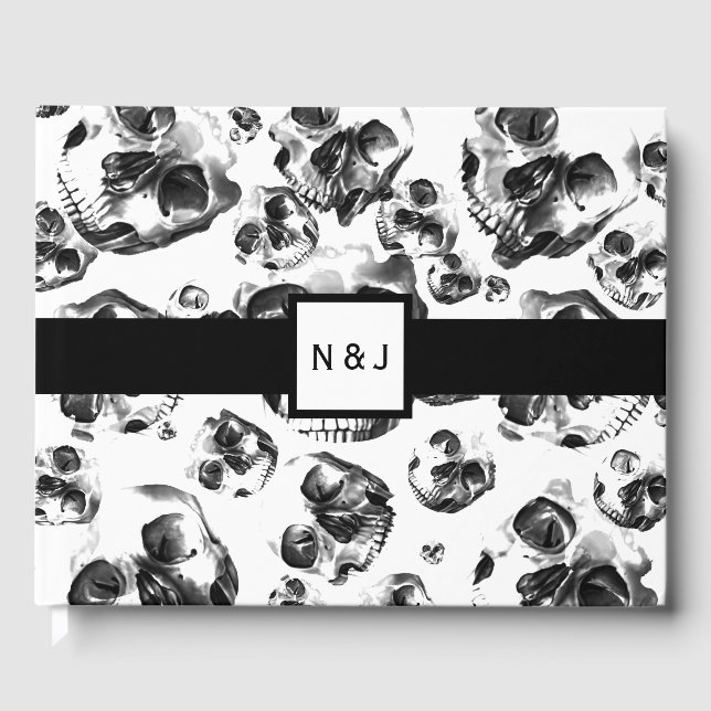 Black & White Skulls Skeleton Skull Wedding Guest Book (Front)