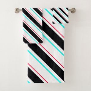 Black White Slanted Regimental Stripe Lines Bath Towel Set