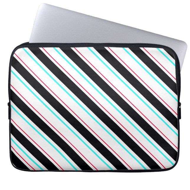 Black White Slanted Regimental Stripe Lines Laptop Sleeve (Front)