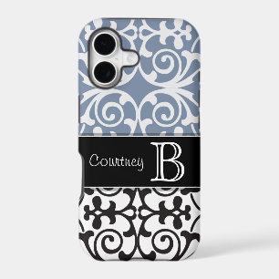 Black White Slate Blue Damask Monogram iPhone 5