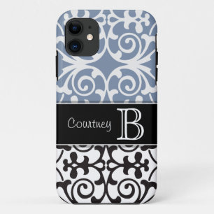 Black White Slate Blue Damask Monogram iPhone 5 11 Case