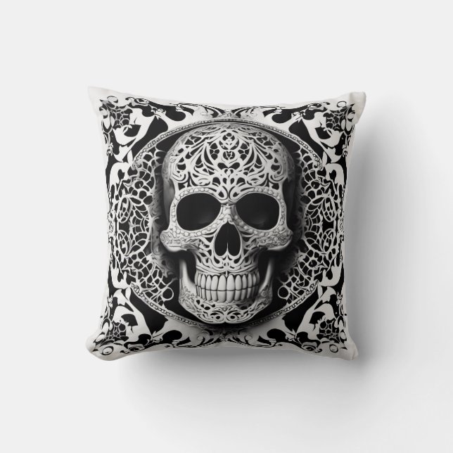 Black & White Smiling Lace Skull Cushion (Front)