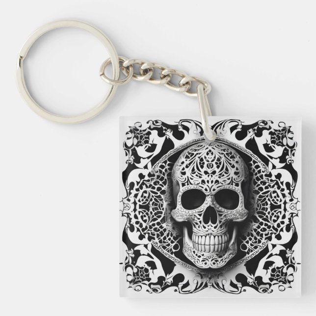 Black & White Smiling Lace Skull Key Ring (Front)