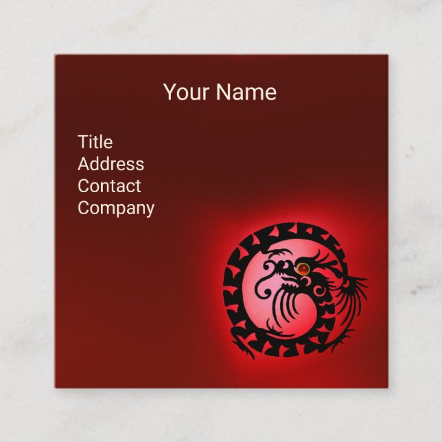 BLACK WHITE SNAKE DRAGON RED RUBY Gemstone Square Business Card (Front)