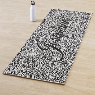 Black & white snow leopard wild animal print yoga mat