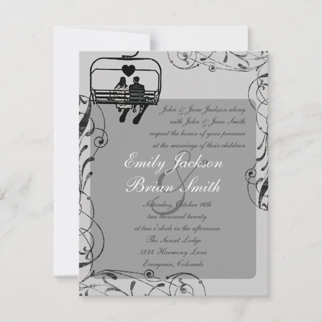 Black white snowboarders custom wedding invites (Front)