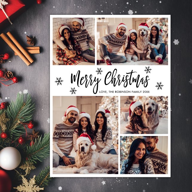 Black White Snowflake 5 Photo Collage Christmas Holiday Card (Creator Uploaded)