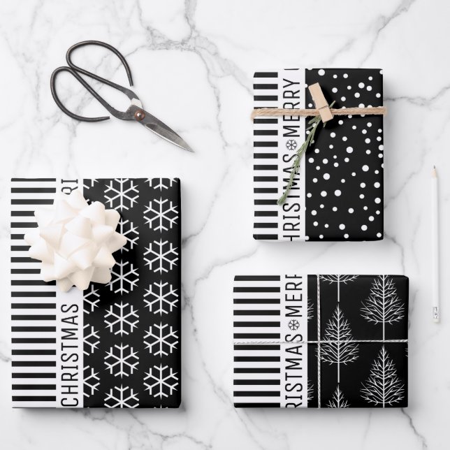 Black white snowflakes Christmas trees and stripes Wrapping Paper Sheet (Front)