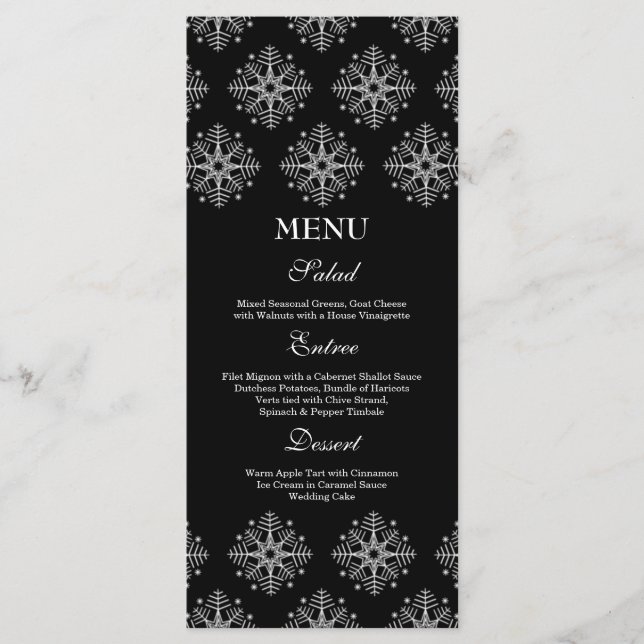 Black + white snowflakes winter wedding food menu (Front)