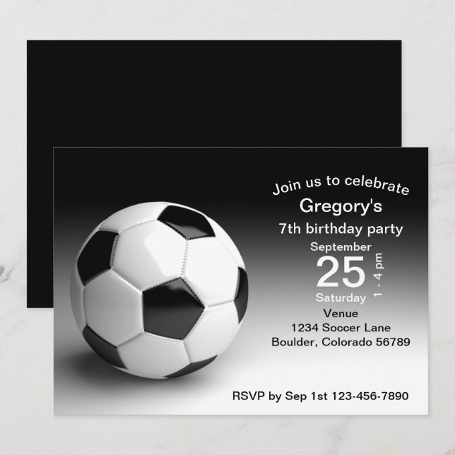 Black, White Soccer Ball Football Birthday Party Invitation (Front/Back)