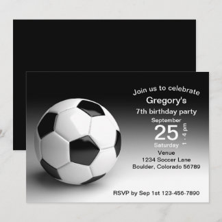 Black, White Soccer Ball Football Birthday Party Invitation