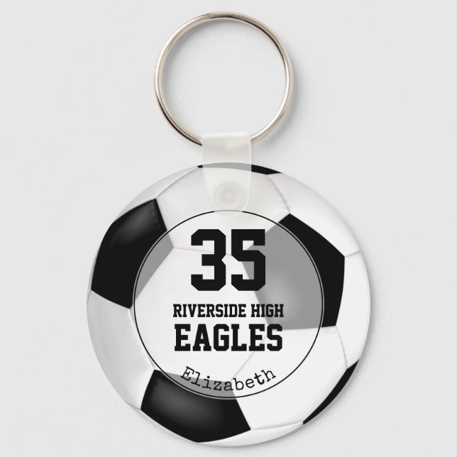 black white soccer ball girls team spirit key ring (Front)