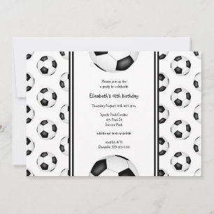 Black white soccer balls pattern birthday party invitation
