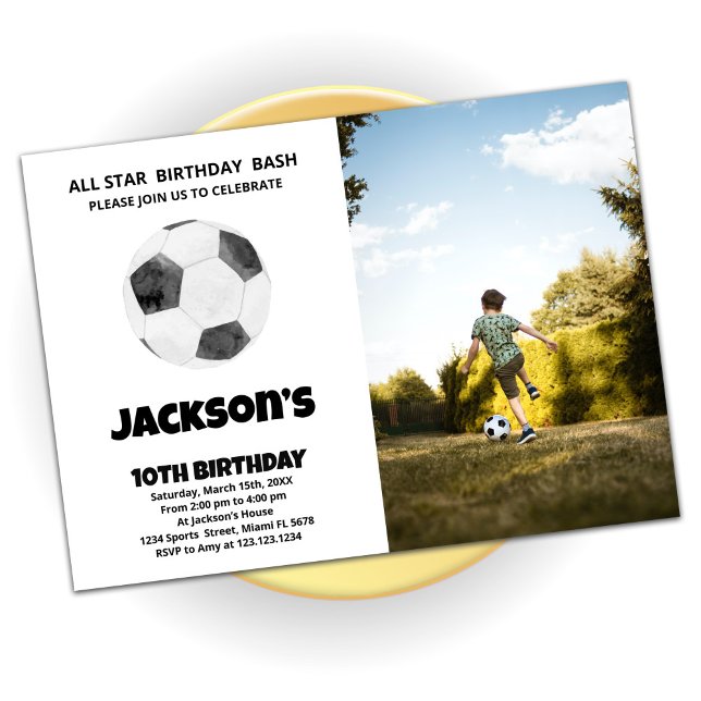 Black White Soccer Birthday Invitations with photo (Creator Uploaded)