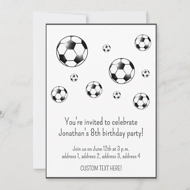 Black & White Soccer Football Theme Birthday Party Invitation (Front)