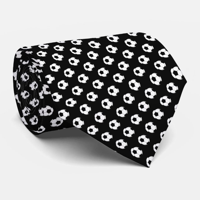 Black White Soccer Fútbol Balls on Black Tie (Rolled)