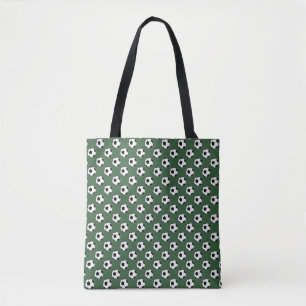 Black White Soccer Futbol Balls on Hunter Green Tote Bag