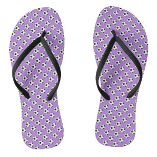 Black White Soccer Futbol Balls on Lavender Purple Flip Flops