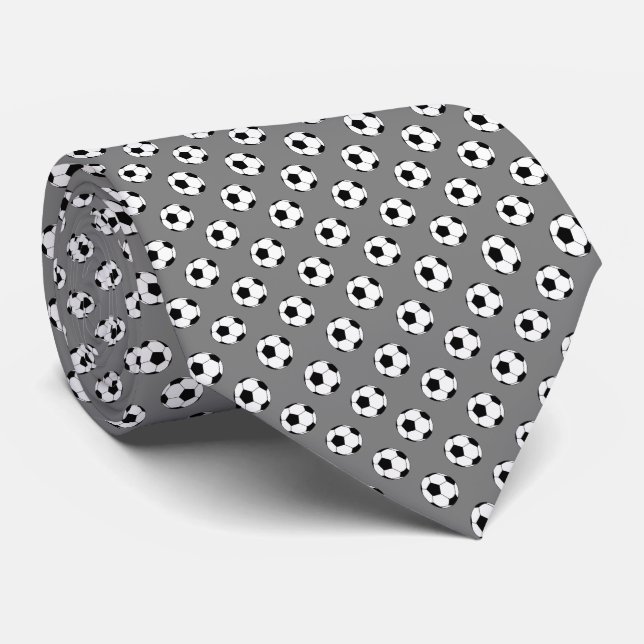 Black White Soccer Fútbol Balls on Medium Grey Tie (Rolled)