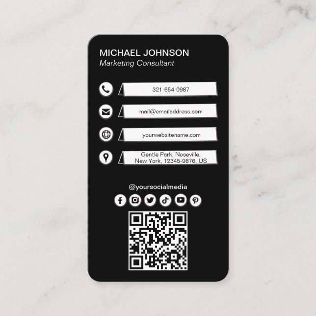Black White Social Icons QR Code Minimalist Custom Business Card (Front)