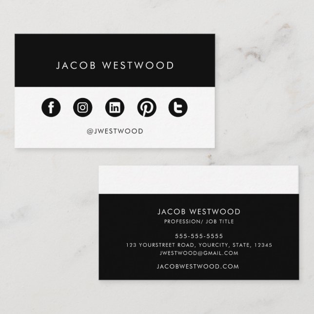 Black white social media modern simple minimalist  business card (Front/Back)