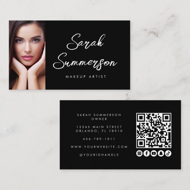 Black White Social Media QR Photo Makeup Business Card (Front/Back)