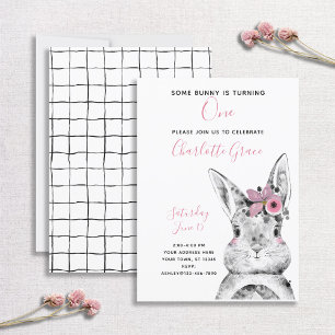 Black & White Some Bunny is Turning One Birthday Invitation