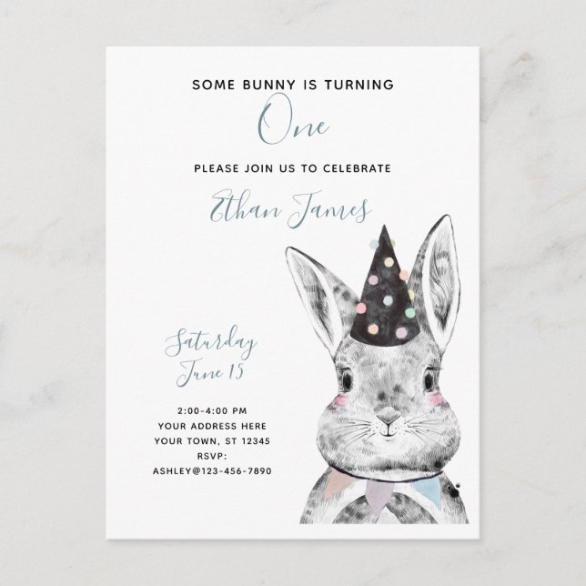 Black & White Some Bunny is Turning One Birthday Invitation Postcard (Front)