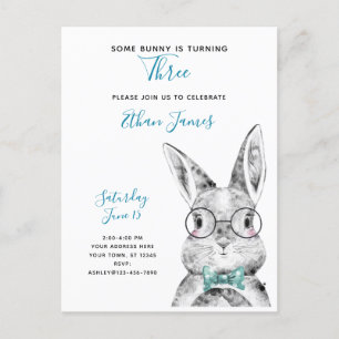 Black & White Some Bunny is Turning Three Birthday Invitation Postcard