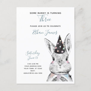Black & White Some Bunny is Turning Three Birthday Invitation Postcard